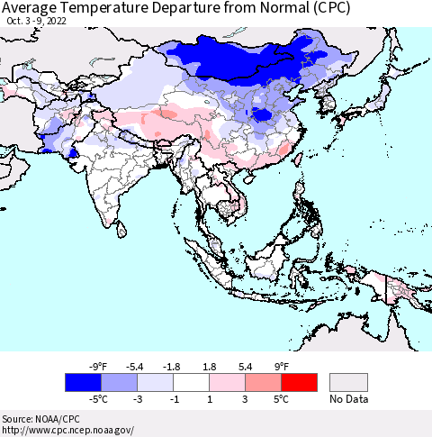 Asia Average Temperature Departure from Normal (CPC) Thematic Map For 10/3/2022 - 10/9/2022