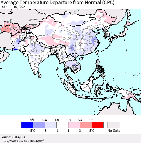 Asia Average Temperature Departure from Normal (CPC) Thematic Map For 10/10/2022 - 10/16/2022