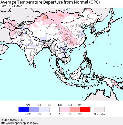 Asia Average Temperature Departure from Normal (CPC) Thematic Map For 10/17/2022 - 10/23/2022
