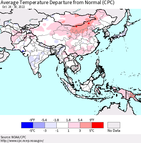 Asia Average Temperature Departure from Normal (CPC) Thematic Map For 10/24/2022 - 10/30/2022