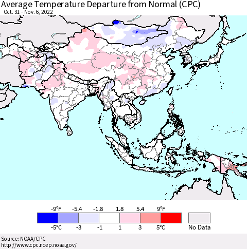 Asia Average Temperature Departure from Normal (CPC) Thematic Map For 10/31/2022 - 11/6/2022