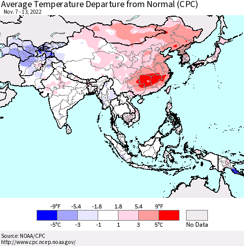 Asia Average Temperature Departure from Normal (CPC) Thematic Map For 11/7/2022 - 11/13/2022