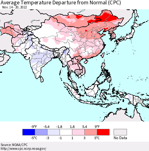 Asia Average Temperature Departure from Normal (CPC) Thematic Map For 11/14/2022 - 11/20/2022