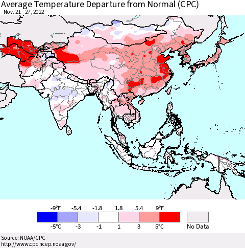 Asia Average Temperature Departure from Normal (CPC) Thematic Map For 11/21/2022 - 11/27/2022