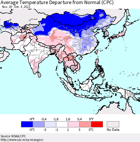 Asia Average Temperature Departure from Normal (CPC) Thematic Map For 11/28/2022 - 12/4/2022