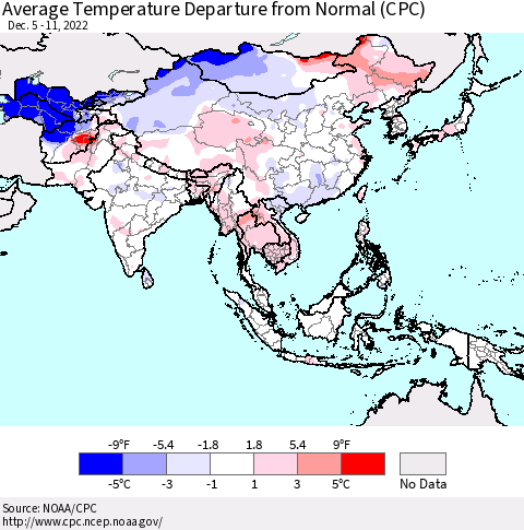 Asia Average Temperature Departure from Normal (CPC) Thematic Map For 12/5/2022 - 12/11/2022