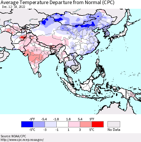 Asia Average Temperature Departure from Normal (CPC) Thematic Map For 12/12/2022 - 12/18/2022