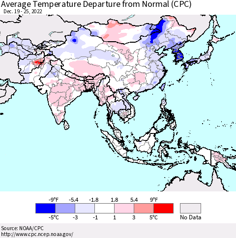 Asia Average Temperature Departure from Normal (CPC) Thematic Map For 12/19/2022 - 12/25/2022