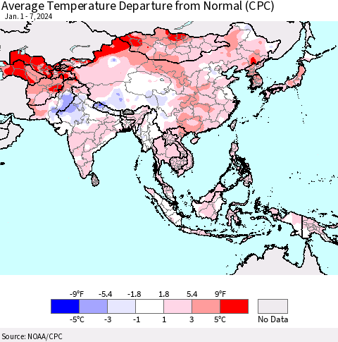 Asia Average Temperature Departure from Normal (CPC) Thematic Map For 1/1/2024 - 1/7/2024