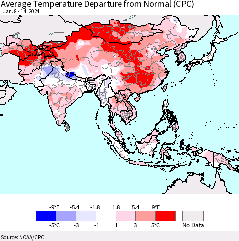 Asia Average Temperature Departure from Normal (CPC) Thematic Map For 1/8/2024 - 1/14/2024