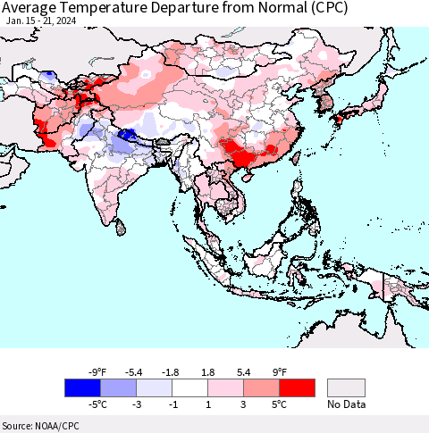 Asia Average Temperature Departure from Normal (CPC) Thematic Map For 1/15/2024 - 1/21/2024
