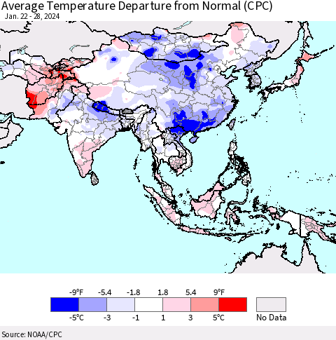 Asia Average Temperature Departure from Normal (CPC) Thematic Map For 1/22/2024 - 1/28/2024