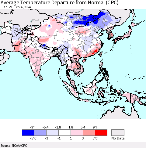 Asia Average Temperature Departure from Normal (CPC) Thematic Map For 1/29/2024 - 2/4/2024