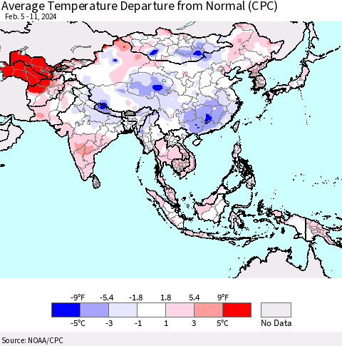 Asia Average Temperature Departure from Normal (CPC) Thematic Map For 2/5/2024 - 2/11/2024