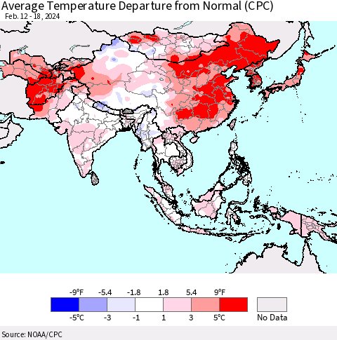 Asia Average Temperature Departure from Normal (CPC) Thematic Map For 2/12/2024 - 2/18/2024