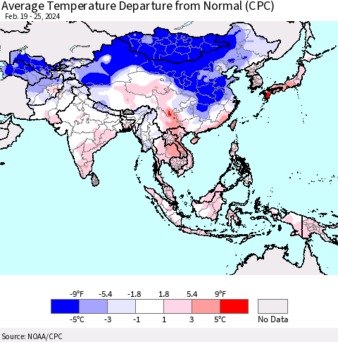 Asia Average Temperature Departure from Normal (CPC) Thematic Map For 2/19/2024 - 2/25/2024