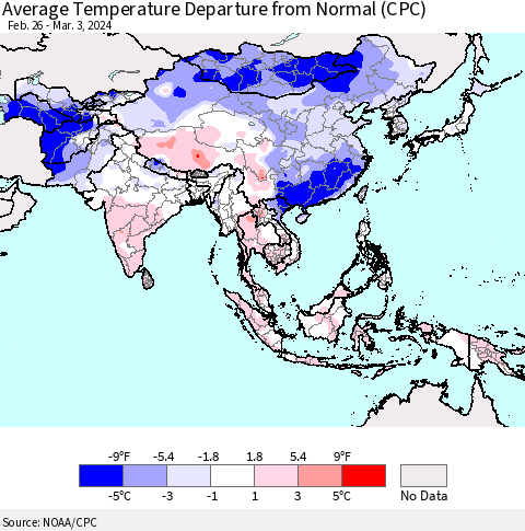Asia Average Temperature Departure from Normal (CPC) Thematic Map For 2/26/2024 - 3/3/2024
