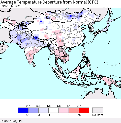 Asia Average Temperature Departure from Normal (CPC) Thematic Map For 3/4/2024 - 3/10/2024