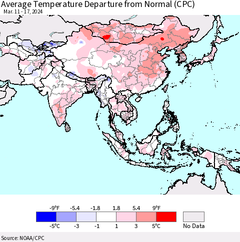 Asia Average Temperature Departure from Normal (CPC) Thematic Map For 3/11/2024 - 3/17/2024