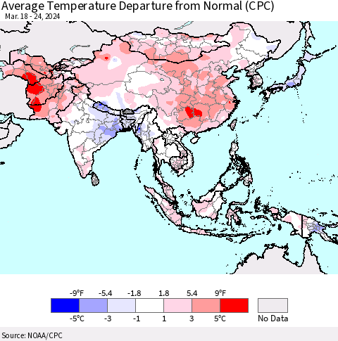 Asia Average Temperature Departure from Normal (CPC) Thematic Map For 3/18/2024 - 3/24/2024