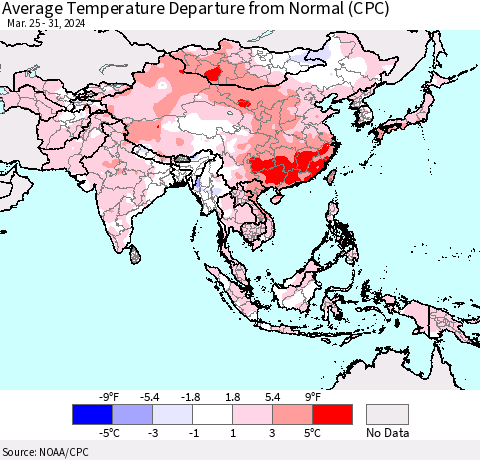 Asia Average Temperature Departure from Normal (CPC) Thematic Map For 3/25/2024 - 3/31/2024
