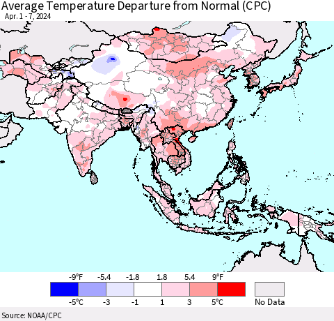 Asia Average Temperature Departure from Normal (CPC) Thematic Map For 4/1/2024 - 4/7/2024