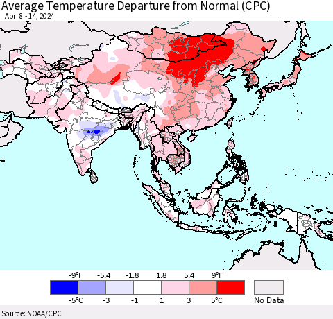 Asia Average Temperature Departure from Normal (CPC) Thematic Map For 4/8/2024 - 4/14/2024