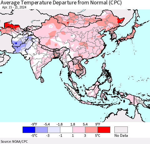 Asia Average Temperature Departure from Normal (CPC) Thematic Map For 4/15/2024 - 4/21/2024