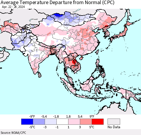 Asia Average Temperature Departure from Normal (CPC) Thematic Map For 4/22/2024 - 4/28/2024