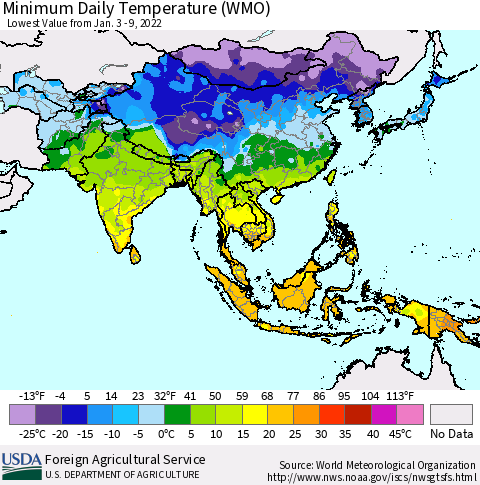 Asia Minimum Daily Temperature (WMO) Thematic Map For 1/3/2022 - 1/9/2022