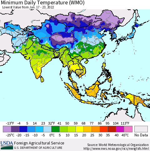 Asia Minimum Daily Temperature (WMO) Thematic Map For 1/17/2022 - 1/23/2022