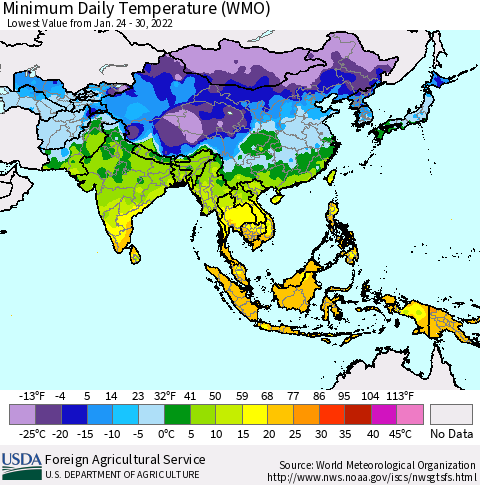 Asia Minimum Daily Temperature (WMO) Thematic Map For 1/24/2022 - 1/30/2022