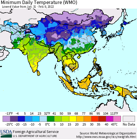 Asia Minimum Daily Temperature (WMO) Thematic Map For 1/31/2022 - 2/6/2022