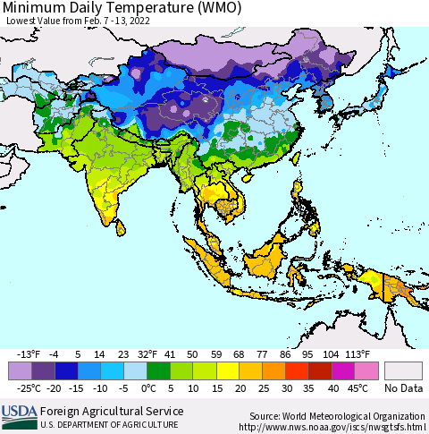 Asia Minimum Daily Temperature (WMO) Thematic Map For 2/7/2022 - 2/13/2022