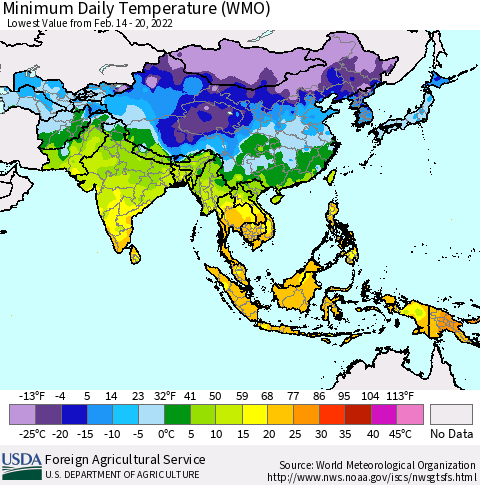 Asia Minimum Daily Temperature (WMO) Thematic Map For 2/14/2022 - 2/20/2022