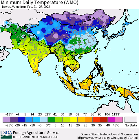 Asia Minimum Daily Temperature (WMO) Thematic Map For 2/21/2022 - 2/27/2022