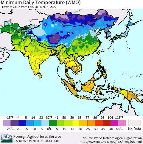 Asia Minimum Daily Temperature (WMO) Thematic Map For 2/28/2022 - 3/6/2022