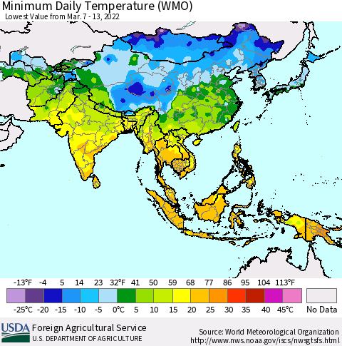 Asia Minimum Daily Temperature (WMO) Thematic Map For 3/7/2022 - 3/13/2022