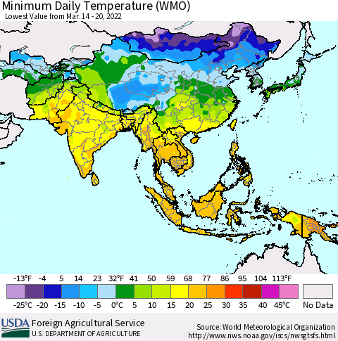 Asia Minimum Daily Temperature (WMO) Thematic Map For 3/14/2022 - 3/20/2022