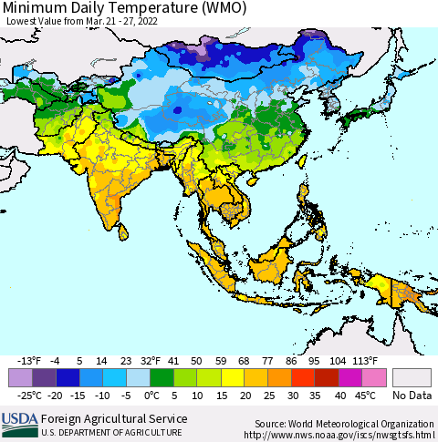 Asia Minimum Daily Temperature (WMO) Thematic Map For 3/21/2022 - 3/27/2022