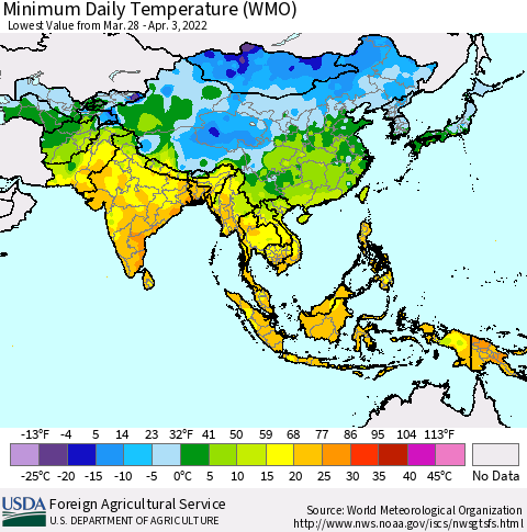 Asia Minimum Daily Temperature (WMO) Thematic Map For 3/28/2022 - 4/3/2022