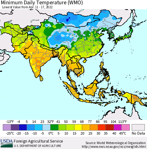 Asia Minimum Daily Temperature (WMO) Thematic Map For 4/11/2022 - 4/17/2022