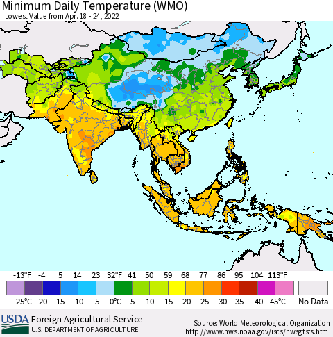 Asia Minimum Daily Temperature (WMO) Thematic Map For 4/18/2022 - 4/24/2022