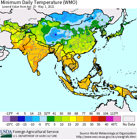 Asia Minimum Daily Temperature (WMO) Thematic Map For 4/25/2022 - 5/1/2022