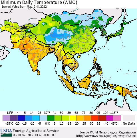 Asia Minimum Daily Temperature (WMO) Thematic Map For 5/2/2022 - 5/8/2022