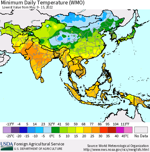 Asia Minimum Daily Temperature (WMO) Thematic Map For 5/9/2022 - 5/15/2022