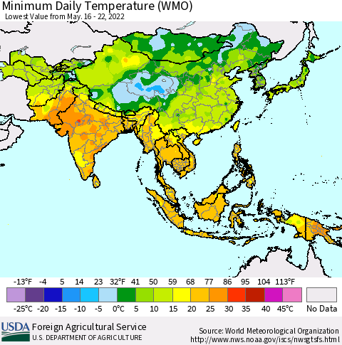 Asia Minimum Daily Temperature (WMO) Thematic Map For 5/16/2022 - 5/22/2022