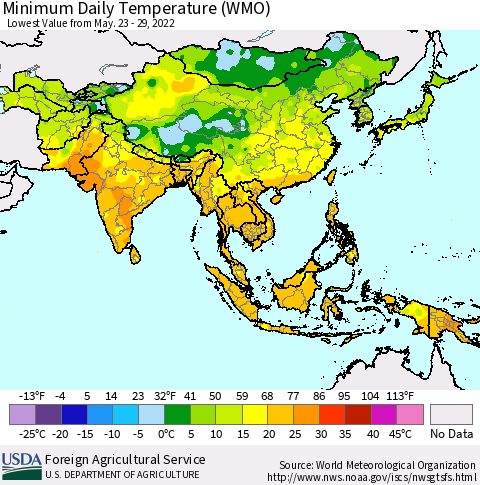 Asia Minimum Daily Temperature (WMO) Thematic Map For 5/23/2022 - 5/29/2022