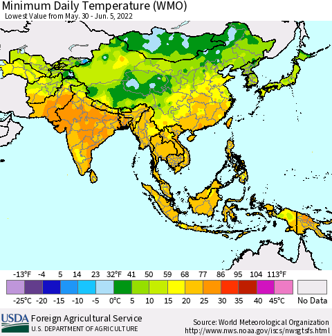 Asia Minimum Daily Temperature (WMO) Thematic Map For 5/30/2022 - 6/5/2022