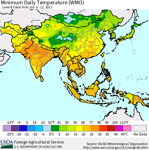 Asia Minimum Daily Temperature (WMO) Thematic Map For 6/6/2022 - 6/12/2022